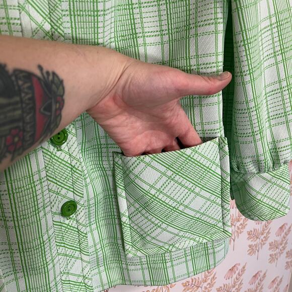 Vintage 70’s Double Knit Green and White Plaid Chore Shirt Jacket Polyester, EUC - Picture 6 of 9